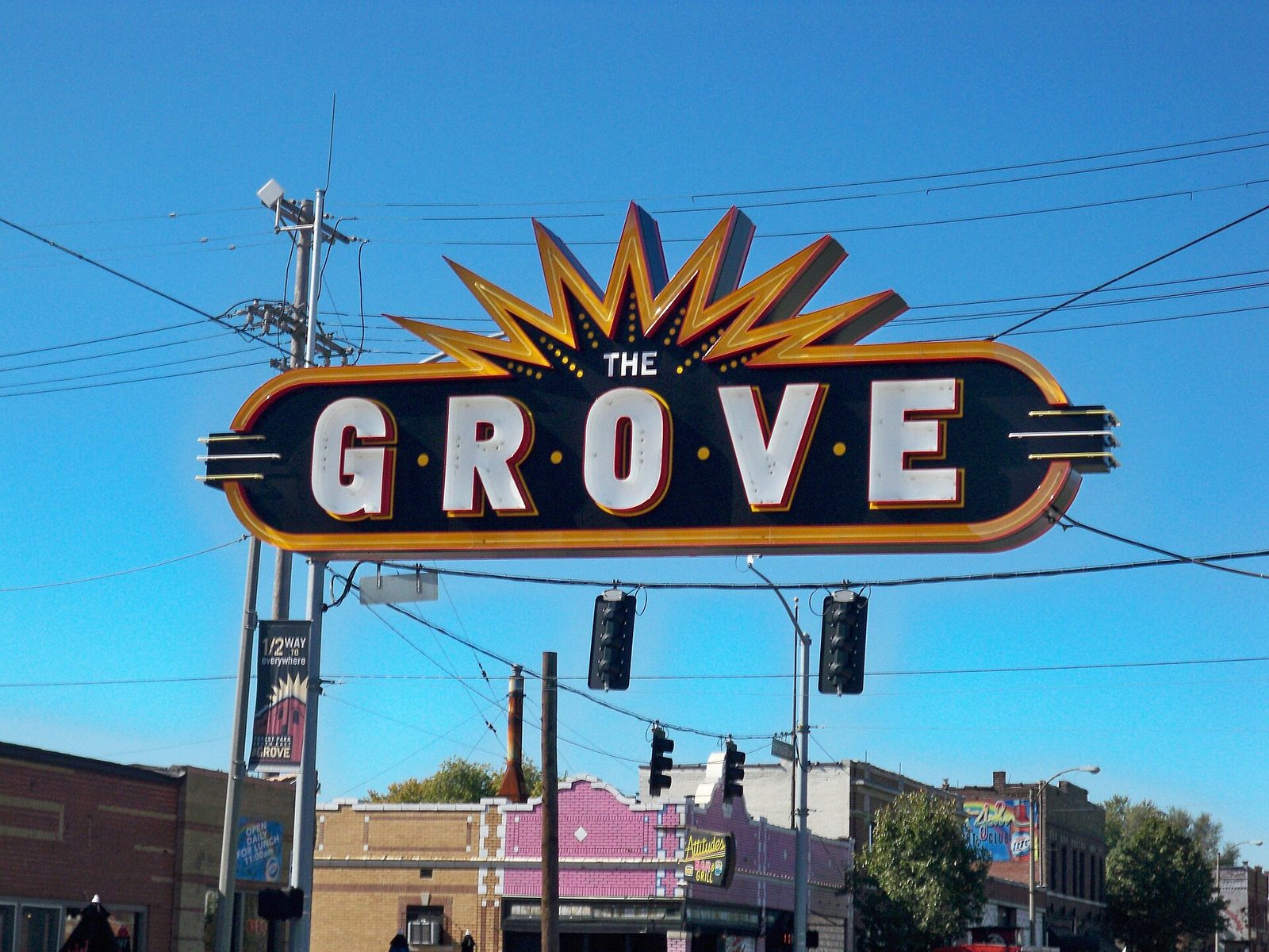 The Grove sign over Manchester Avenue